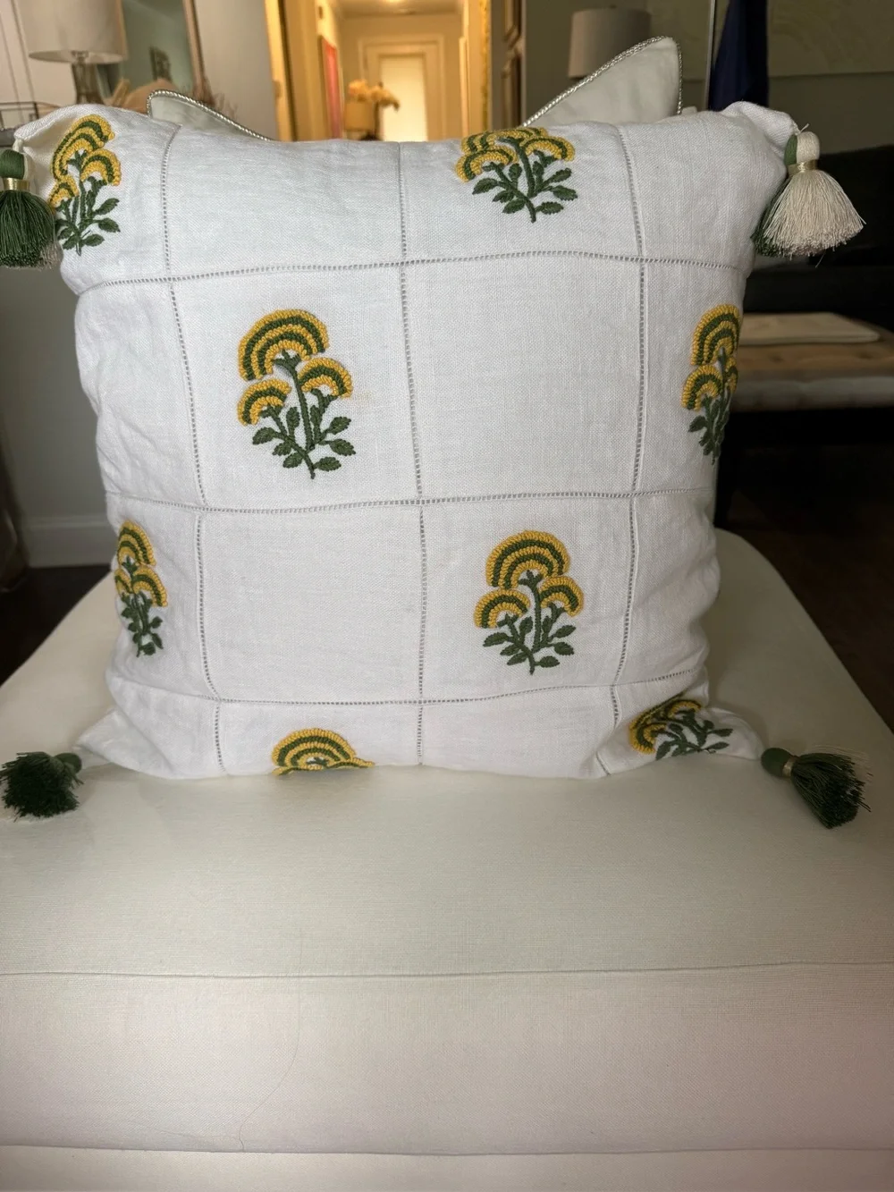 New! SERENA & LILY Cortina Moss/Sunflower Linen Embroidered Tassel Pillow